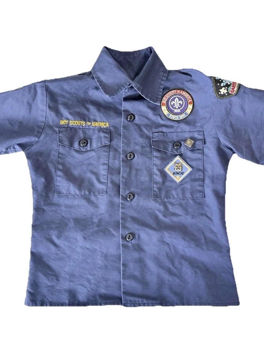 Boy Scouts Of America Shirt Blue BSA Uniform Top w/Bobcat Pin Kids Youth Size S
